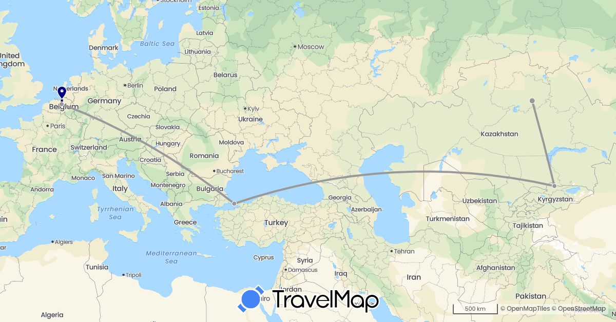 TravelMap itinerary: driving, plane in Belgium, Kyrgyzstan, Kazakhstan, Turkey (Asia, Europe)